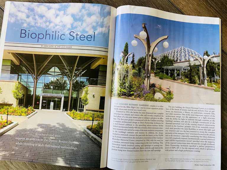 Steel tree-like columns and curved steel branches for the Freyer-Newman Center at the Denver Botanical Gardens